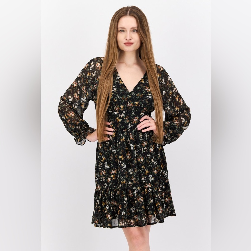 Dex Black Floral V-Neck Long Sleeve Tiered Ruffle Mini Dress